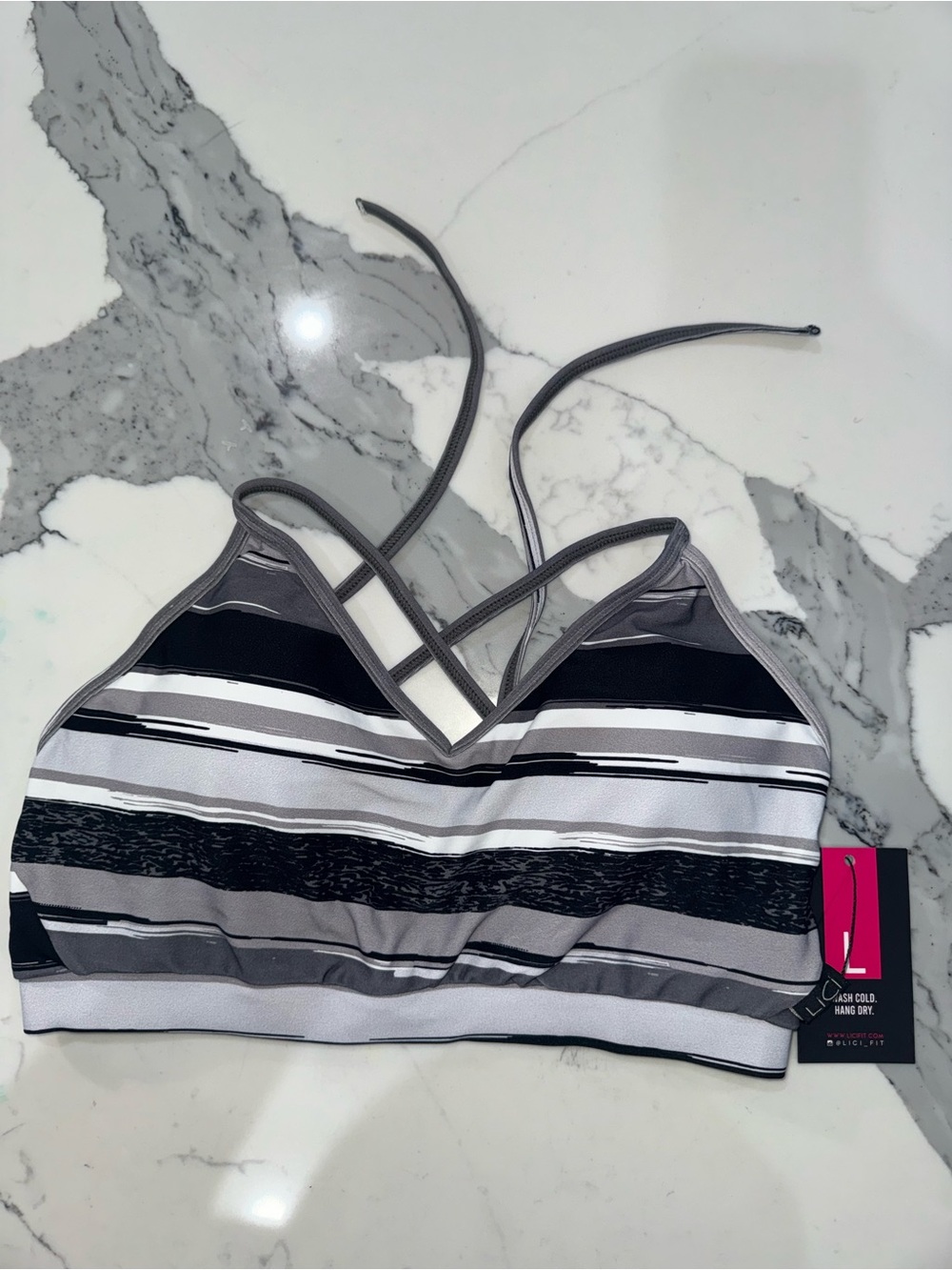 Striped Gray & Black Crisscross Sports Bralette